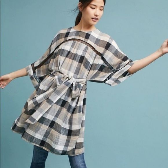 Anthropologie Dresses & Skirts - Anthropologie Maeve Plaid Kimono Tunic Tie Dress